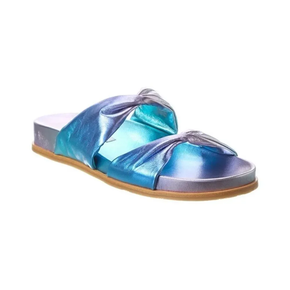 Aquazzura Twist Leather Metallic Blue Sandals Slides Made in Italy Size 38 NWOB